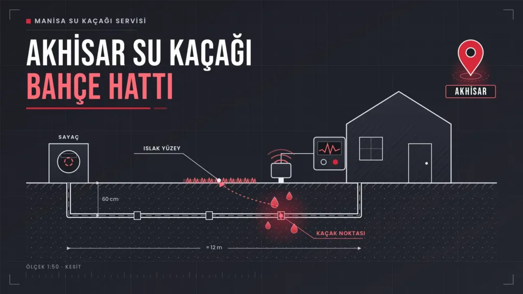 Akhisar su kaçağı için sayaçtan eve giden toprak altı bahçe hattının kesit çizimi ve kaçak noktası