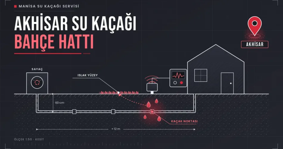 Akhisar su kaçağı için sayaçtan eve giden toprak altı bahçe hattının kesit çizimi ve kaçak noktası
