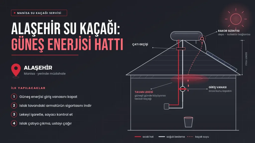 Alaşehir su kaçağı için çatıdaki güneş enerjisi deposu ve eve inen borulardan tavana sızıntıyı gösteren teknik kesit çizimi