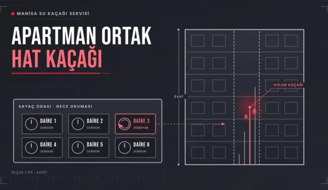 Apartman su kaçağı için sayaç odasında gece okuması ve bina kesitinde kolon kaçağı çizimi