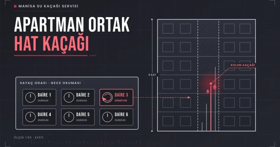 Apartman su kaçağı için sayaç odasında gece okuması ve bina kesitinde kolon kaçağı çizimi