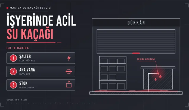 İşyerinde su kaçağı için su basmış dükkân kesiti ve şalter, ana vana, stok adımlarını gösteren çizim
