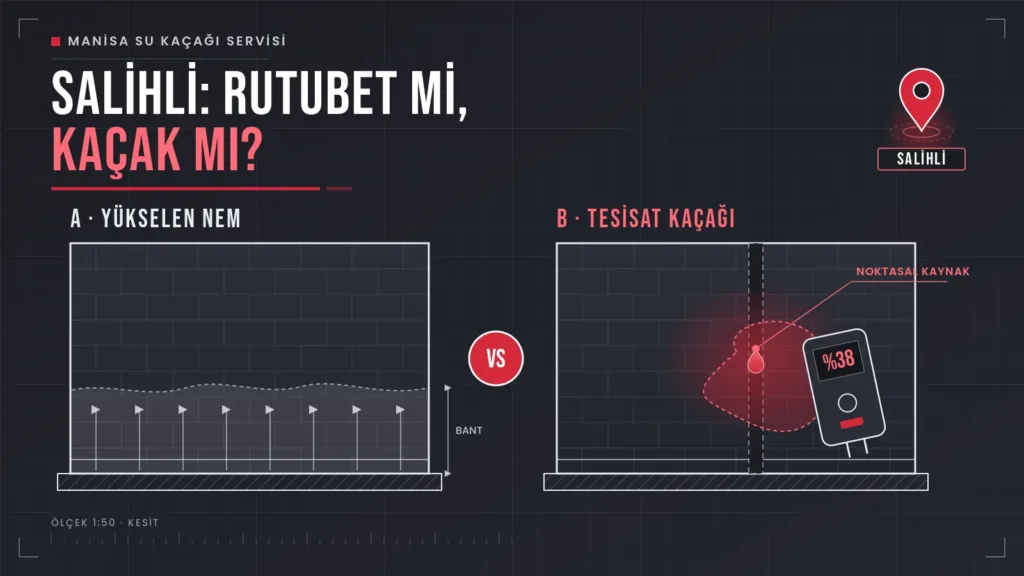 Salihli su kaçağı ve yükselen nemi karşılaştıran iki duvar kesiti ile nem ölçer çizimi