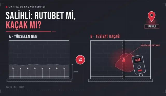 Salihli su kaçağı ve yükselen nemi karşılaştıran iki duvar kesiti ile nem ölçer çizimi