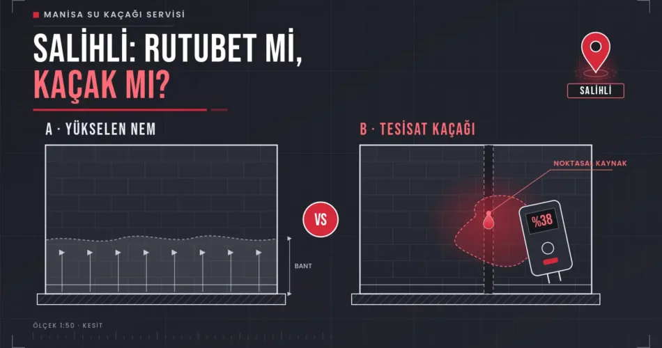 Salihli su kaçağı ve yükselen nemi karşılaştıran iki duvar kesiti ile nem ölçer çizimi