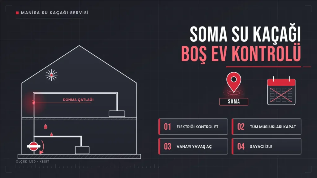 Soma su kaçağı için boş kalan evin kesiti, donma çatlağı ve dört adımlı kontrol listesi çizimi