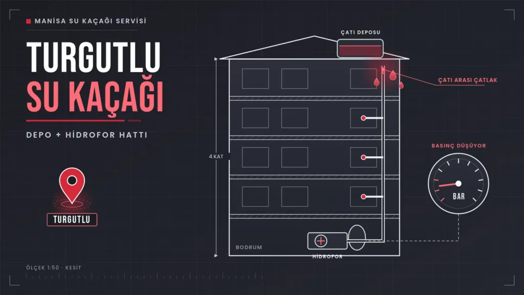 Turgutlu su kaçağı için çatı deposu, hidrofor ve kolon hattını gösteren bina kesiti çizimi