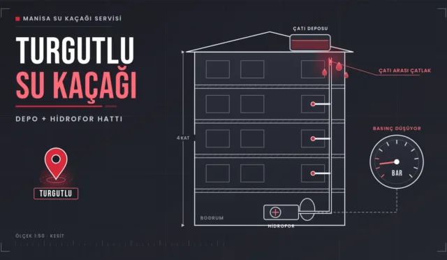 Turgutlu su kaçağı için çatı deposu, hidrofor ve kolon hattını gösteren bina kesiti çizimi
