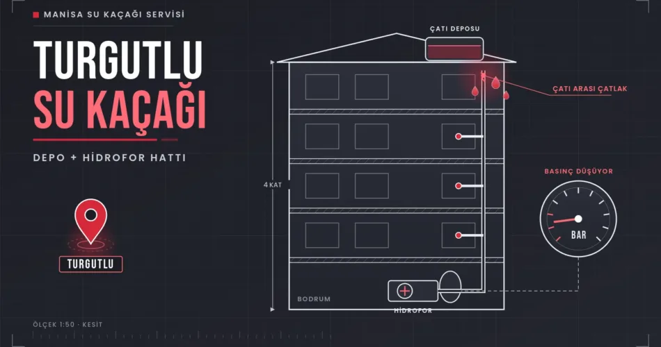 Turgutlu su kaçağı için çatı deposu, hidrofor ve kolon hattını gösteren bina kesiti çizimi